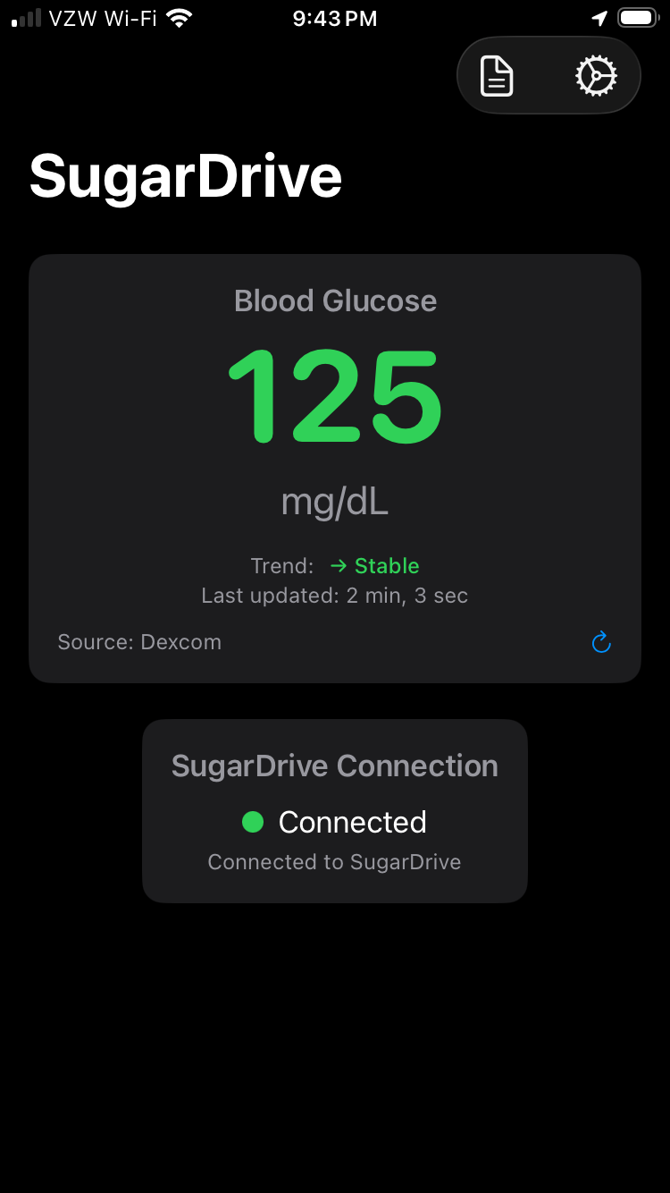 SugarDrive iOS app interface