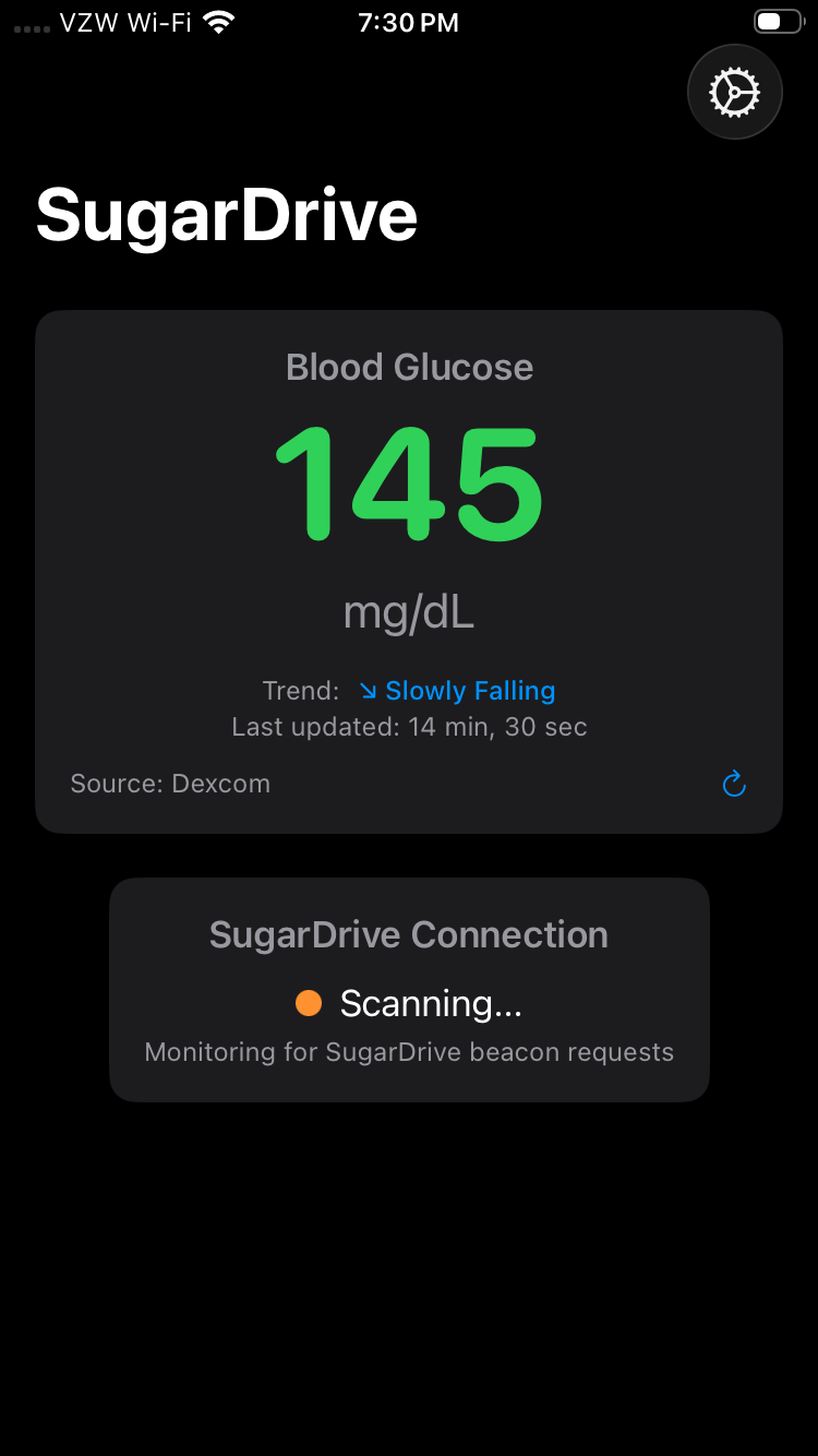 Configured SugarDrive main screen with BG reading