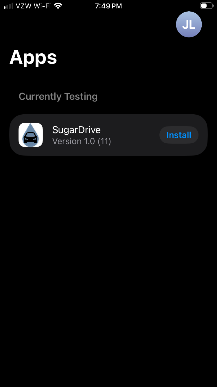 SugarDrive Install listing in TestFlight
