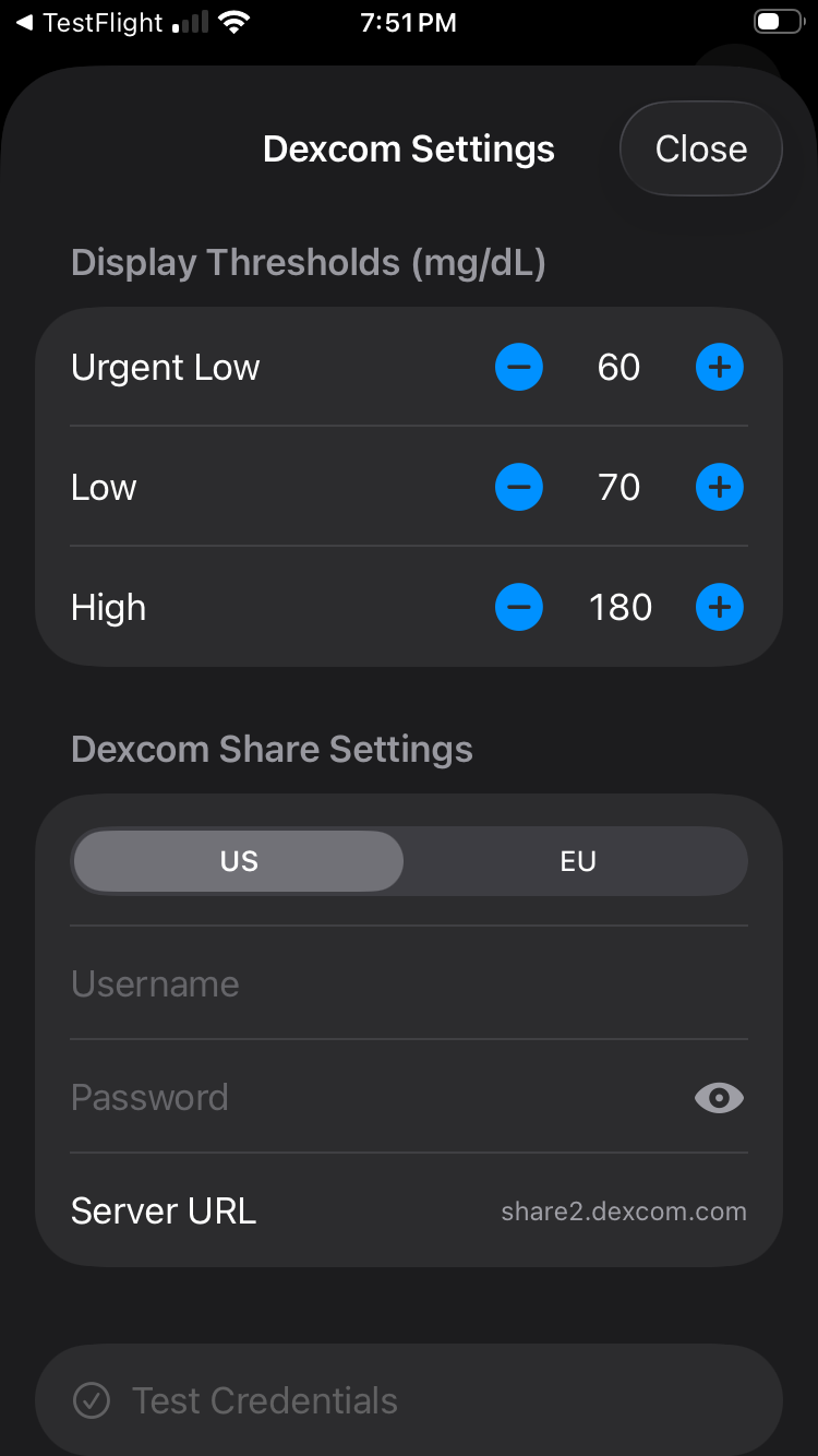 Enter Dexcom Follow credentials and test